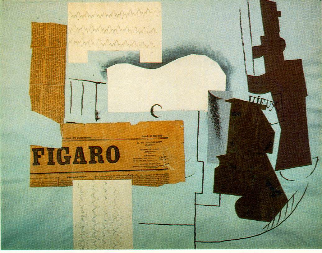 Picasso Bottle of Vieux Marc, Glass, Guitar and Newspaper 1913